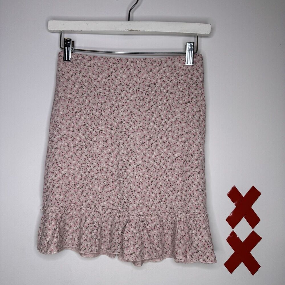 Vintage Brandy Melville Pink Floral Ruffle Mini Skirt Coquette Y2K XS